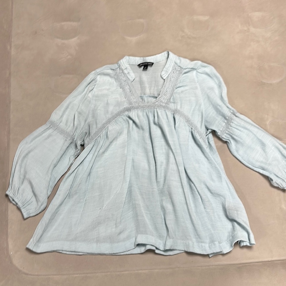 ZAC & RACHEL POWDER BLUE LACE TRIMMED BOHO-INSPIRED BLOUSE, 1X